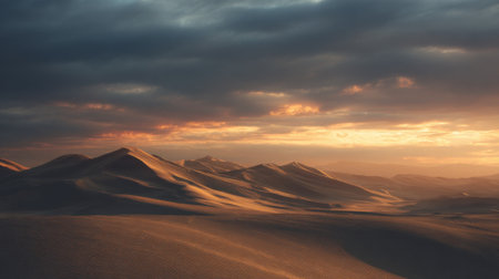 Golden sand dunes rise and fall gently illuminated by the warm hues of sunset. Dark clouds above add drama to the tranquil desert scene creating a perfect moment of natures beauty.の素材