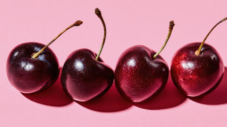 Four shiny cherries of different shades are lined up on a bright pink surface. The scene highlights the fruits rich colors and smooth textures inviting a fresh and tasty experience.の素材