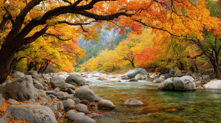 A tranquil scene showcases vibrant autumn foliage reflecting in crystal clear water. Smooth stones line the riverbed surrounded by golden and crimson trees under a clear sky.の素材