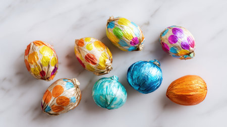 Brightly wrapped chocolate eggs of various colors are arranged neatly on a smooth marble surface. These treats reflect the joy of spring celebrations ahead.の素材