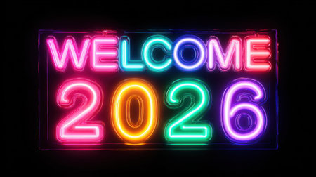 Colorful neon lights form a welcoming sign for the year 2026. The bright letters and numbers stand out against a deep black background creating a festive atmosphere.の素材