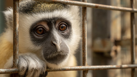 A monkey peers through the bars of its enclosure displaying large expressive eyes filled with curiosity.の素材