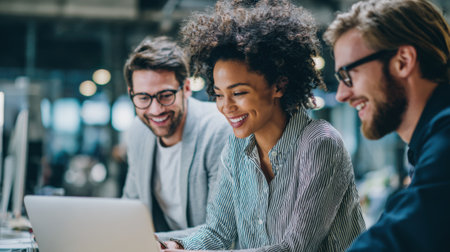 Three colleagues share ideas while working on a laptop in a bright modern office. They smile and engage in discussion showcasing teamwork and creativity.の素材