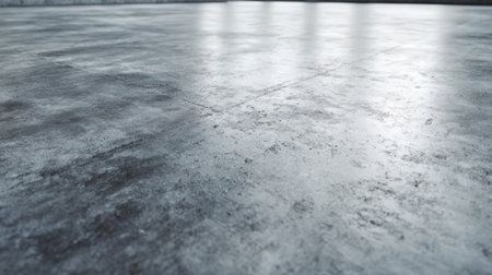 The scene captures a close-up view of a polished concrete floor in an expansive indoor area filled with natural light. The smooth texture reflects the surroundings softly.の素材
