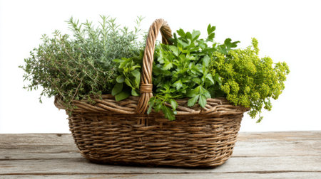 A basket filled with aromatic herbs sits on a wooden surface inviting culinary creativity and warmth.の素材