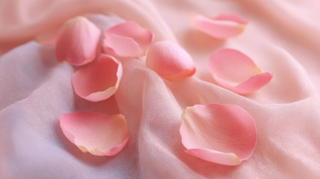Beautiful pink rose petals rest gently on smooth soft fabric creating a calming and romantic vibe.の素材