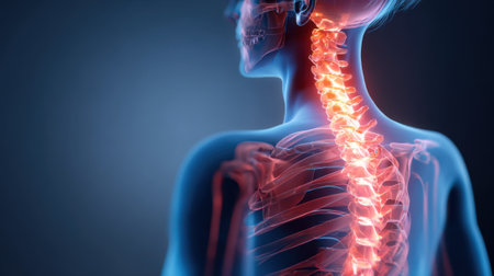 A 3D visualization shows the human spine from the back emphasizing the vertebrae and spinal cord.の素材
