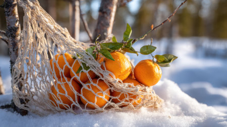 Clusters of bright oranges are gathered in a netted bag placed on soft white snow. The scene captures a serene winter forest at sunrise with gentle light illuminating the oranges.の素材