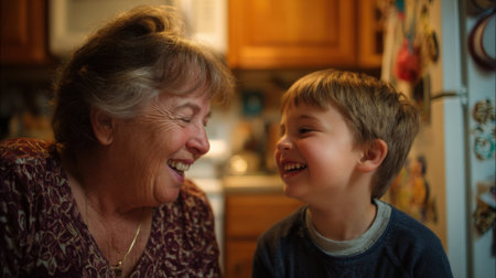 A grandmother and her grandson share a happy moment in the kitchen. They laugh and smile at each other creating a warm and loving atmosphere during the evening.の素材