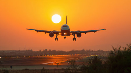 An airplane descends towards a runway during sunset. The sky is filled with warm colors as the sun sets. Surrounding lights illuminate the runway creating a picturesque scene.の素材