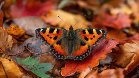 A vibrant butterfly sits on a bed of colorful autumn leaves showing its bright orange and blue wings against the earthy backdrop. Sunlight filters through the trees.の素材