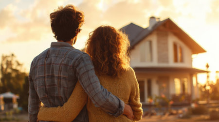 A young couple embraces while watching the sunset with a cozy house in the background. The warm light enhances the romantic atmosphere of the moment.の素材