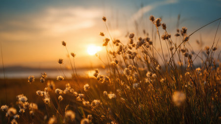 A tranquil sunset casts a warm golden light over a field of wildflowers near a lake. The sky is painted with soft hues as the day ends creating a serene atmosphere.の素材