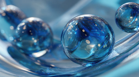 Small blue glass spheres gather on a smooth surface catching sunlight and creating reflections. The serene arrangement evokes tranquility and beauty in an artistic display.の素材