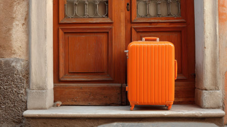A bright orange suitcase stands alone at the entrance of a rustic wooden door with glass panels in a charming old town. The scene captures a sense of travel and adventure.の素材