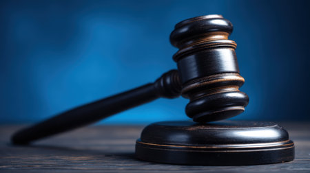 A gavel is positioned on a wooden surface showing its polished finish. The blue background enhances the focus on this important symbol of justice and authority.の素材