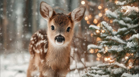 A young deer gazes curiously in a snowy forest. Snow falls gently around it while warm lights from nearby trees create a magical atmosphere during winter.の素材