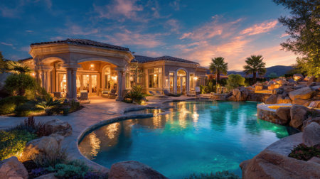 A stylish villa showcases a beautiful pool reflecting the vibrant colors of sunset. Lush greenery and palm trees frame the serene environment creating a tranquil retreat.の素材