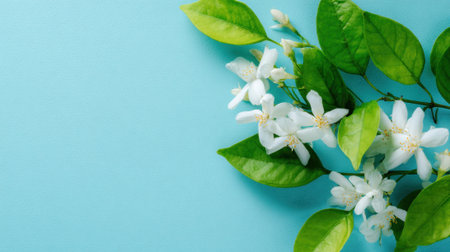 White blossoms and fresh green leaves rest gracefully against a calming blue backdrop highlighting natures beauty.の素材