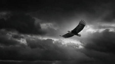 An eagle confidently flies above ominous clouds showing its powerful wings in a striking contrast.の素材