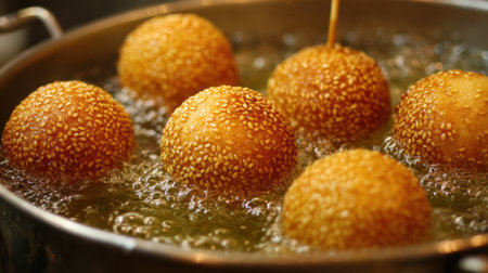 Golden sesame balls are frying in hot oil, creating bubbles and a crispy texture. The scene is lively and reflects the evening street food culture.の素材