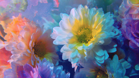 Bright and colorful flowers are blooming with various shades of blue yellow and pink. The scene captures the lively essence of spring with a rich blend of colors and textures.の素材