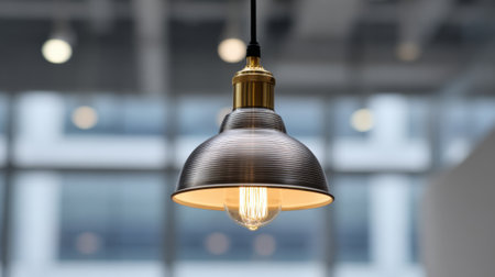 A stylish industrial pendant lamp hangs from the ceiling casting warm light in a contemporary interior. The background features soft blur effects of a spacious area.の素材