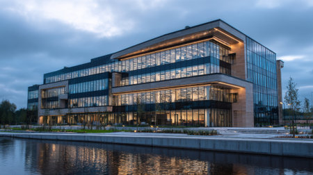 A sleek architectural structure boasts many glass windows that reflect the evening light. Located near a serene waterway the space appears inviting and modern.の素材