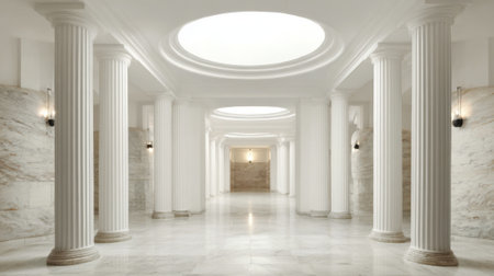Light pours through the skylight illuminating the grand hallway lined with elegant columns.の素材