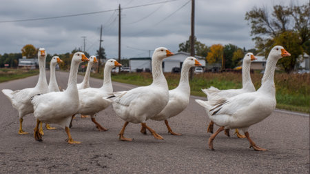 A group of geese confidently walks across a quiet rural road. The colorful trees in the background and overcast sky create an autumn atmosphere enhancing the serene setting.の素材