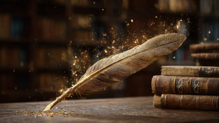 A golden quill pen is poised on a wooden surface surrounded by ancient books radiating sparkles of creativity.の素材