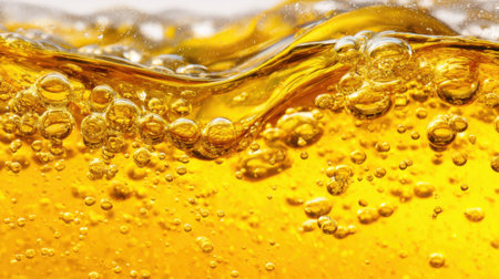 Bright golden liquid swirls with bubbles rising to the surface creating a dynamic pattern as light reflects off its surface evoking freshness and effervescence.の素材