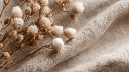 Dry flowers rest on soft beige fabric, creating a serene and inviting atmosphere. The gentle textures and neutral tones complement each other beautifully in this simple composition.の素材
