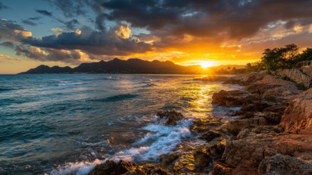 Waves gently crash against rocks as a colorful sunset lights up the sky and mountains.の素材