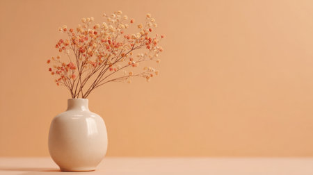 A simple white vase holds dried flowers against a warm peach backdrop evoking calm and beauty.の素材
