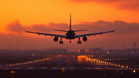 An airplane approaches the runway during sunset surrounded by a colorful sky. The runway lights guide its descent as day turns to night.の素材
