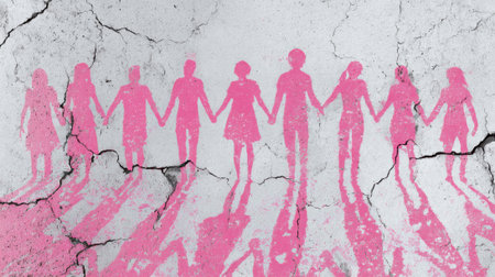 A group of diverse individuals stands together holding hands creating vibrant pink silhouettes against a cracked wall. This scene showcases unity and support during a local community event.の素材