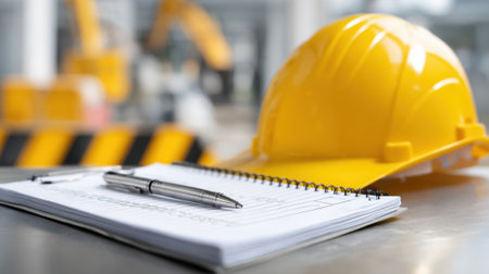 A yellow hard hat resting beside a notepad and pen on a busy construction site.の素材