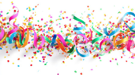 Bright streamers and confetti scatter joyfully in the air during a lively celebration.の素材
