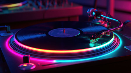A vinyl record spins on a turntable surrounded by colorful lights creating a lively atmosphere.の素材