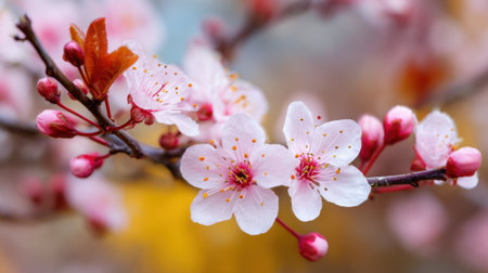 A branch of cherry blossoms adorned with soft pink flowers and budding petals stands out against a blurred backdrop of spring colors capturing the essence of renewal and beauty in nature.の素材