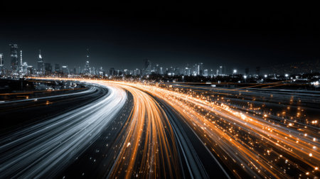 Bright light trails from vehicles illuminate a highway winding through a city at night. The skyline boasts tall buildings creating a vibrant urban atmosphere.の素材