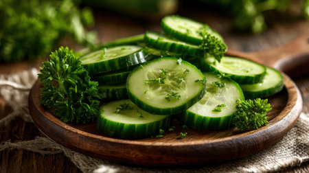 Freshly prepared slices of cucumber are arranged neatly on a rustic wooden plate garnished with vibrant green parsley. Perfect for salads or snacks.の素材