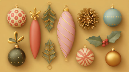 Brightly colored Christmas ornaments are displayed on a gold surface including round and teardrop shapes in various designs. This creates a cheerful holiday atmosphere for decoration.の素材