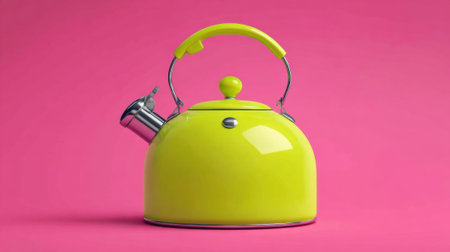 A modern lime green kettle sits against a bold pink background. The shiny surface of the kettle reflects light enhancing its vibrant color and playful design perfect for contemporary kitchens.の素材