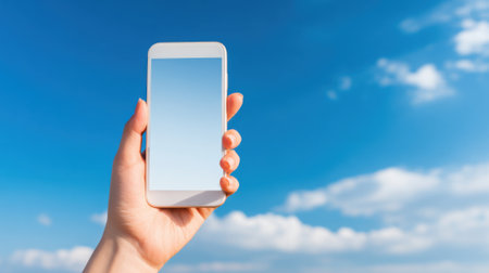 A hand displays a smartphone under a bright blue sky with a few fluffy clouds. The scene captures the intersection of technology and nature during daytime.の素材