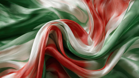 A beautiful silk fabric with flowing patterns featuring bold green bright white and deep red colors. The fabric creates an elegant visual display in soft waves and folds.の素材
