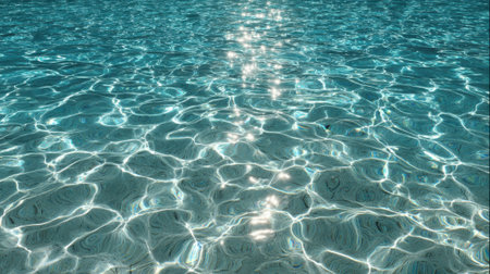 Gentle waves ripple across the clear turquoise ocean water under the bright sun. The reflections create a mesmerizing pattern on the surface enhancing the beauty of the scene.の素材