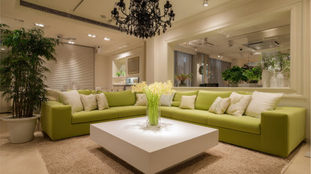 A stylish living room filled with natural light showcasing a green sofa and chic decor for relaxation.の素材