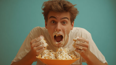 A young man is excitedly eating popcorn covered in whipped cream smiling wide. The colorful background adds to the playful vibe. This scene captures a lively movie night atmosphere.の素材